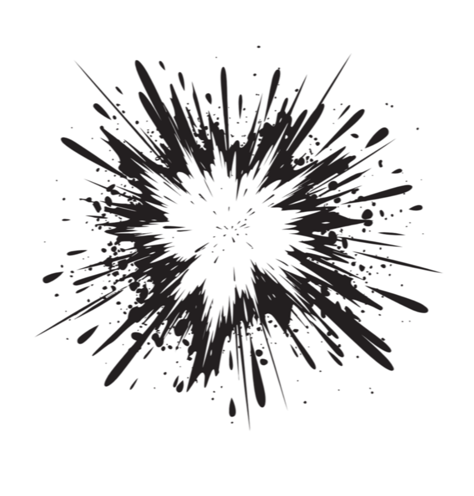 Explosion of black paint splatter with irregular streaks radiating outward from the center.