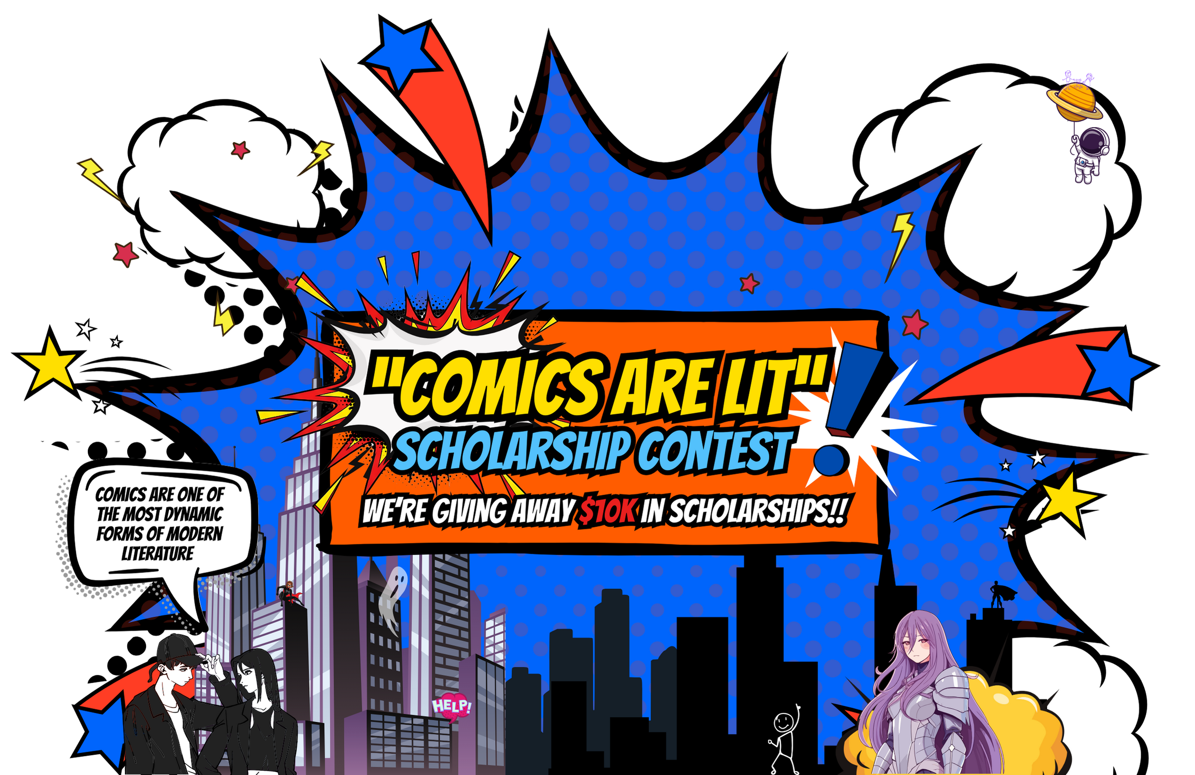 Colorful comic book-style illustration advertising a scholarship contest for a comic-themed event, with characters, speech bubbles, stars, and cityscape background.