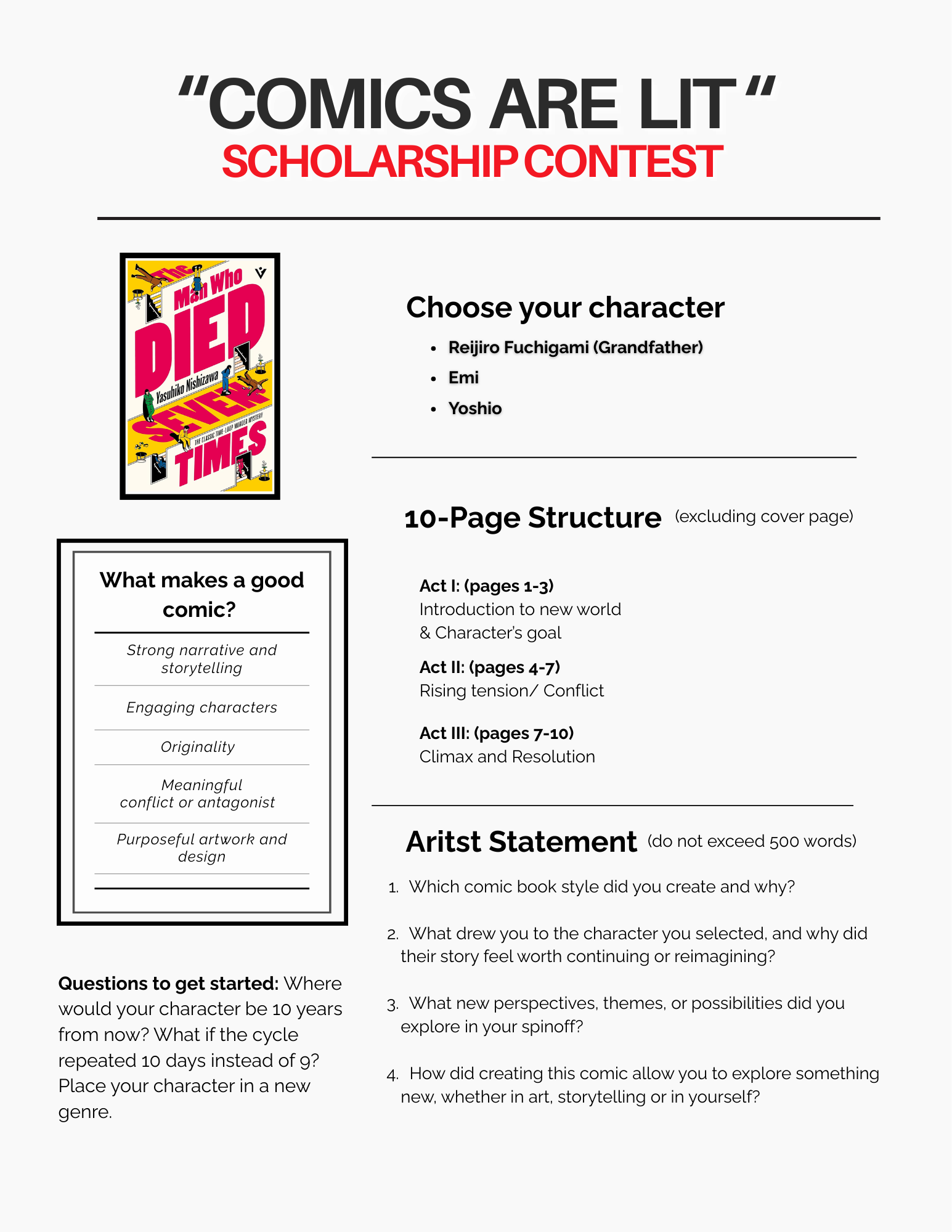 A flyer for a scholarship contest titled "Comics Are Lit." The flyer features a cover image of a comic book, options to choose a character (Reijiuro Fuchigami, Emi, Yoshio), and outlines a 10-page structure for a comic project. It includes sections on what makes a good comic, artist statements, and questions for starting the project.