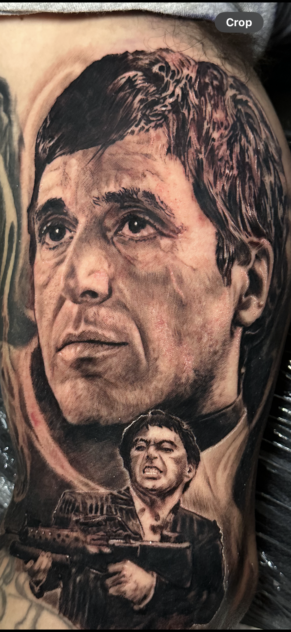 Scareface movie Realistic black and gray tattoo character movies , portrait older man short hair expressive eyes short hair gun tattoo art procreate design art pinterest  tattooer bng arm bicep private studio work blue collar worker best tattoo