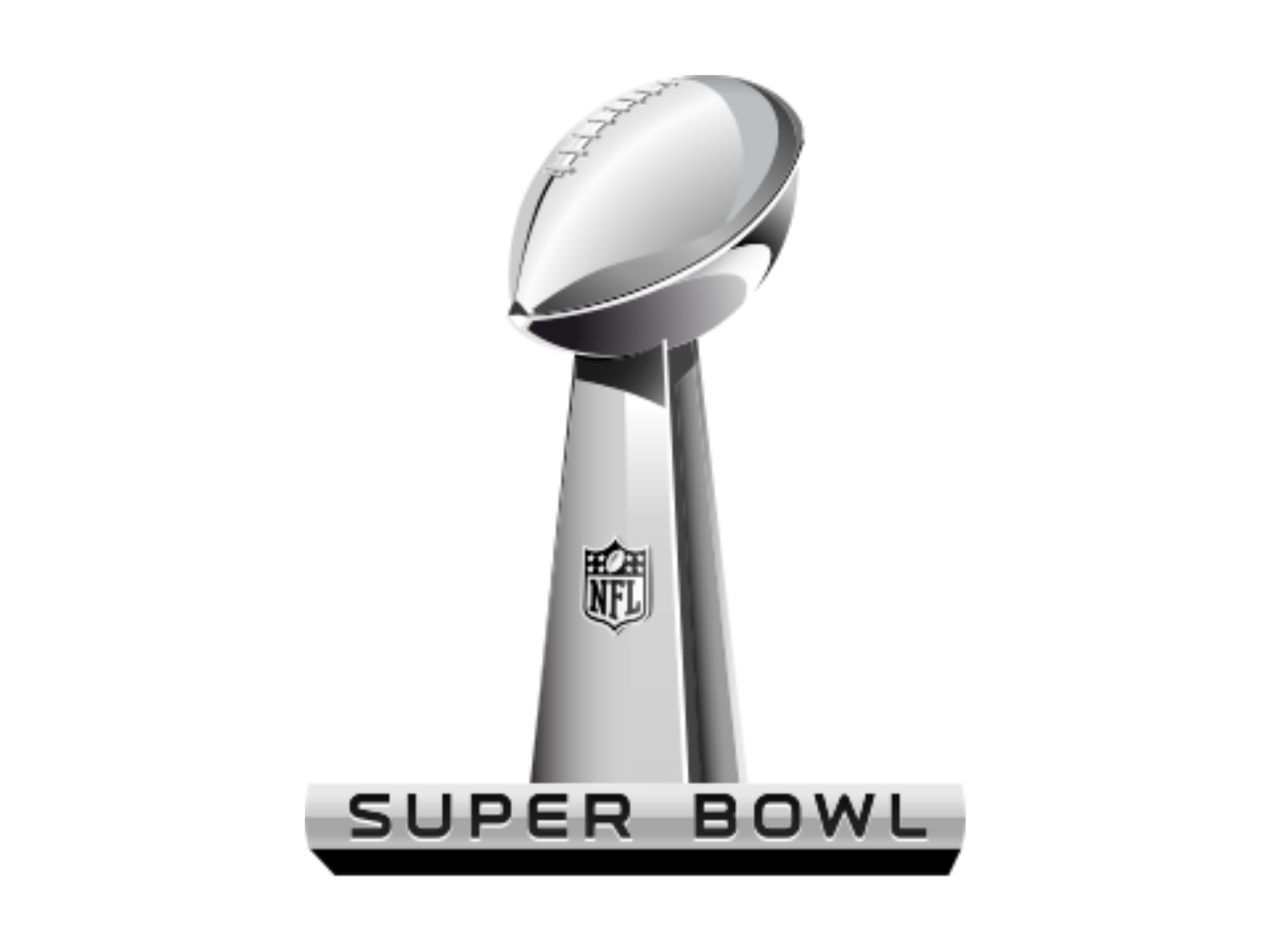 The Super Bowl trophy with an NFL logo on the base, featuring a football atop a stylized pedestal.
