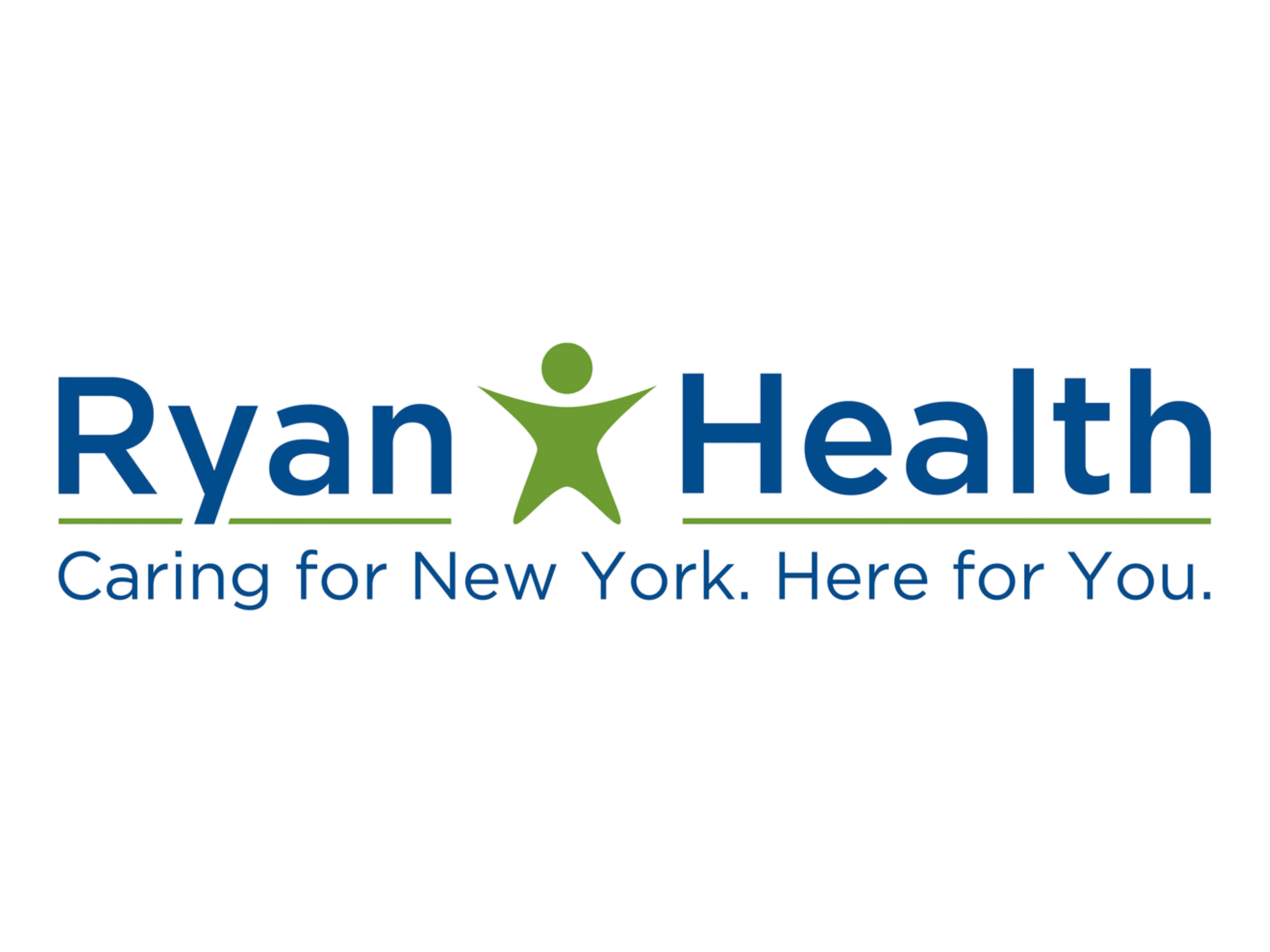 Ryan Health logo featuring a green figure with arms raised and text that says "Caring for New York. Here for You."