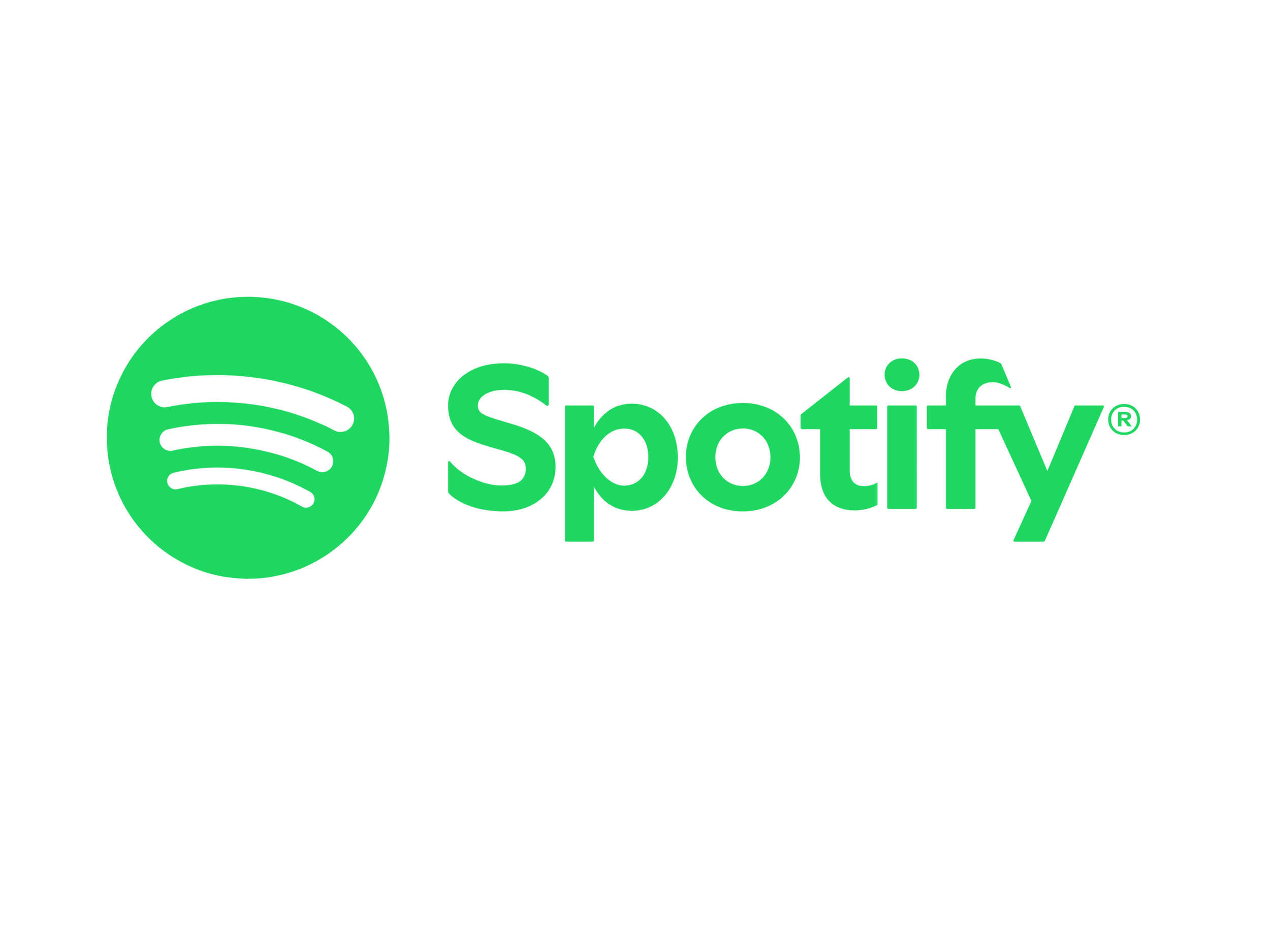 Spotify logo with black background, green circle containing three curved black lines, and the word 'Spotify' in green text