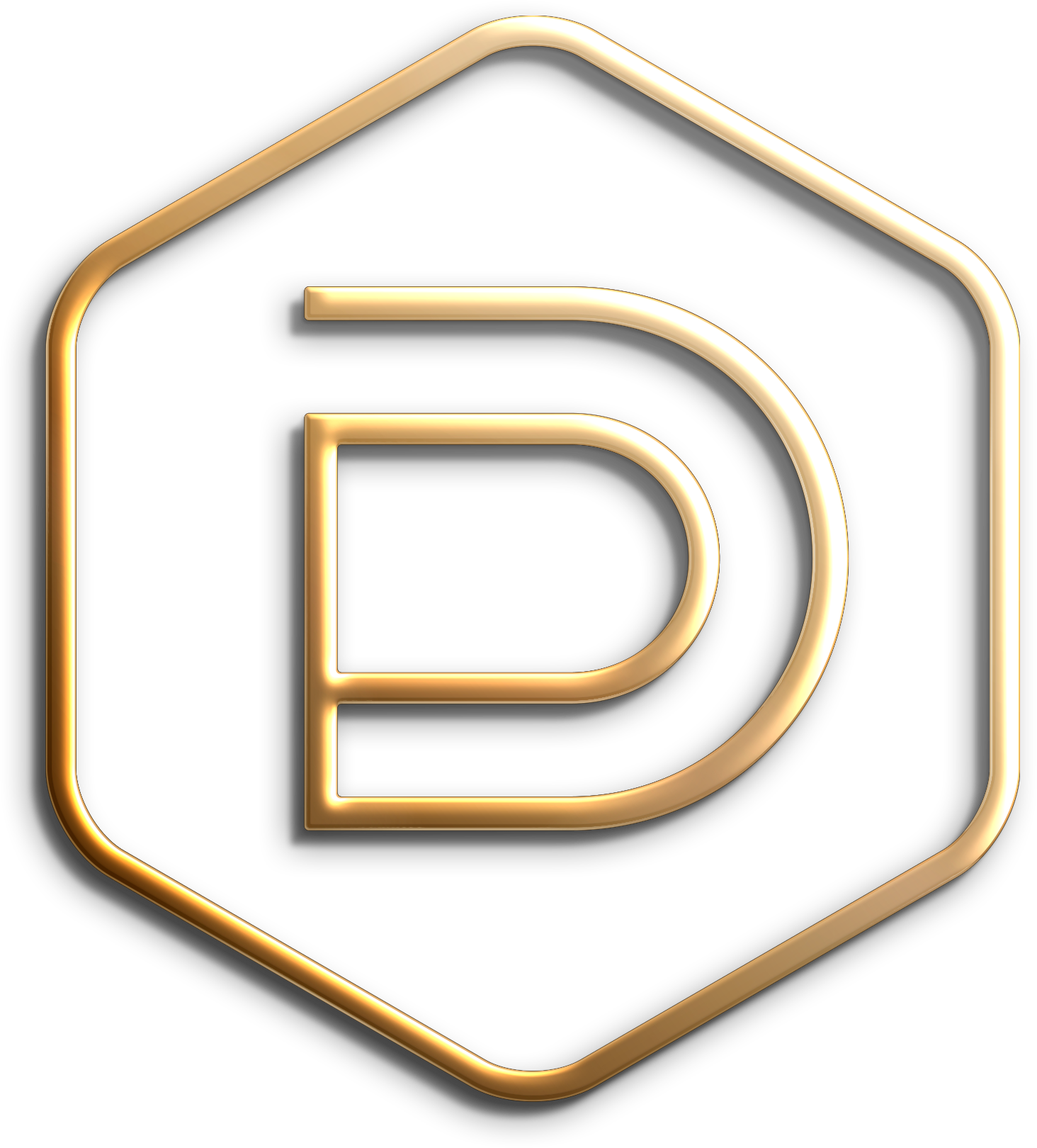 A stylized gold and black logo with the letter D enclosed within a hexagon shape.