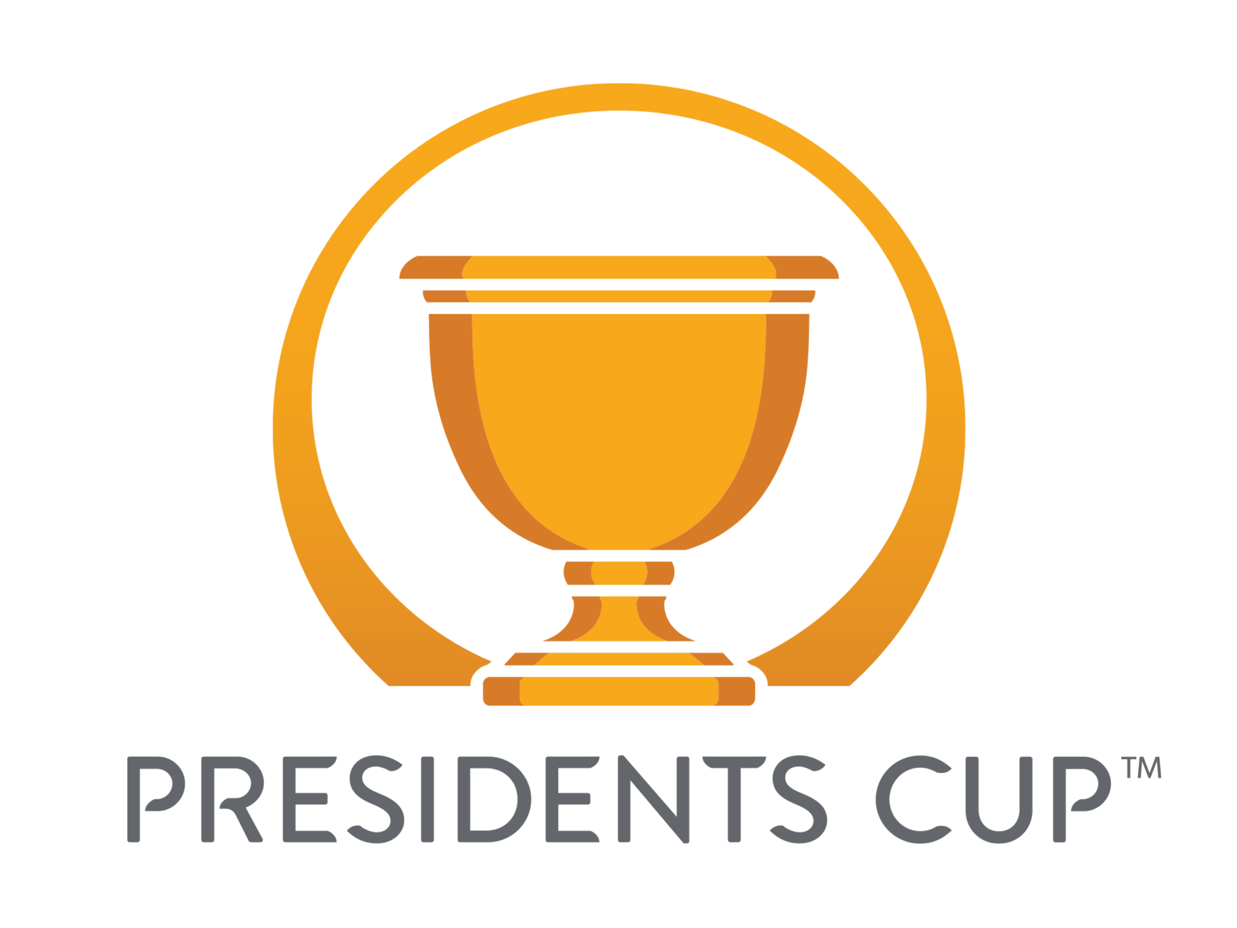Logo for the Presidents Cup featuring a gold trophy inside a circular emblem and the words "PRESIDENTS CUP" underneath