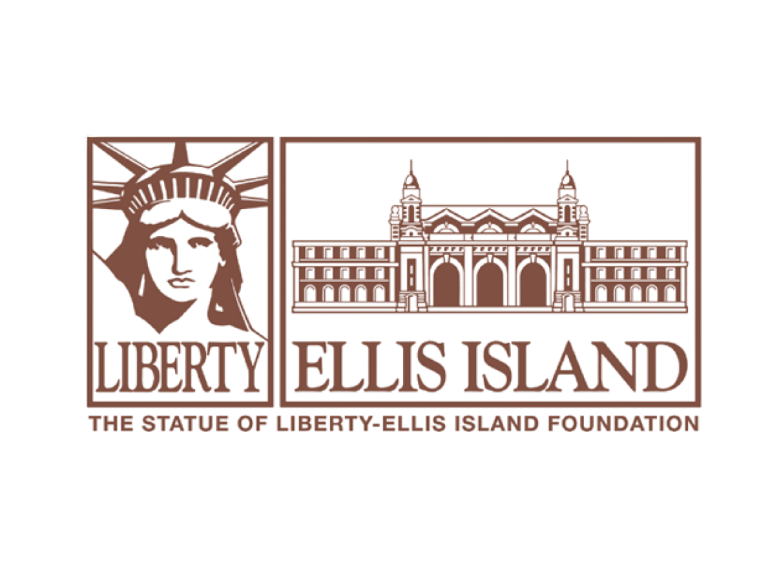 The Liberty Ellis Island Foundation sign features a Ward Kimball-style silhouette of Lady Liberty, with 