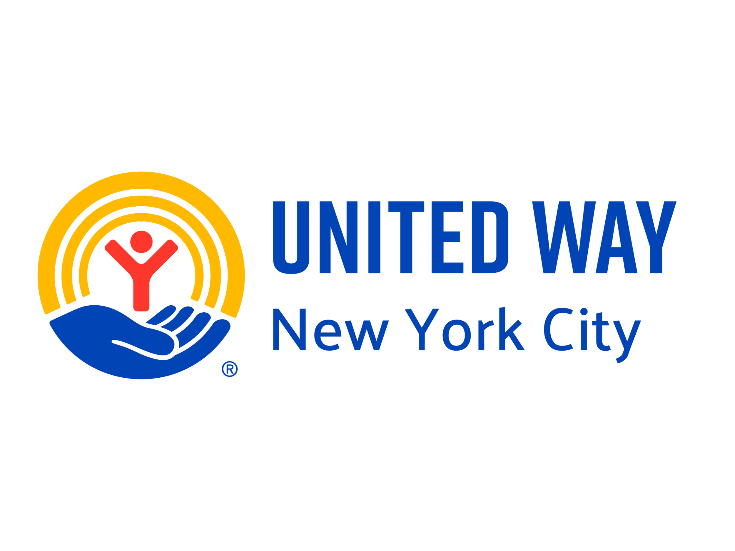 United Way of New York City logo featuring a hand holding a figure with outstretched arms beneath a rainbow, with the text "UNITED WAY New York City".