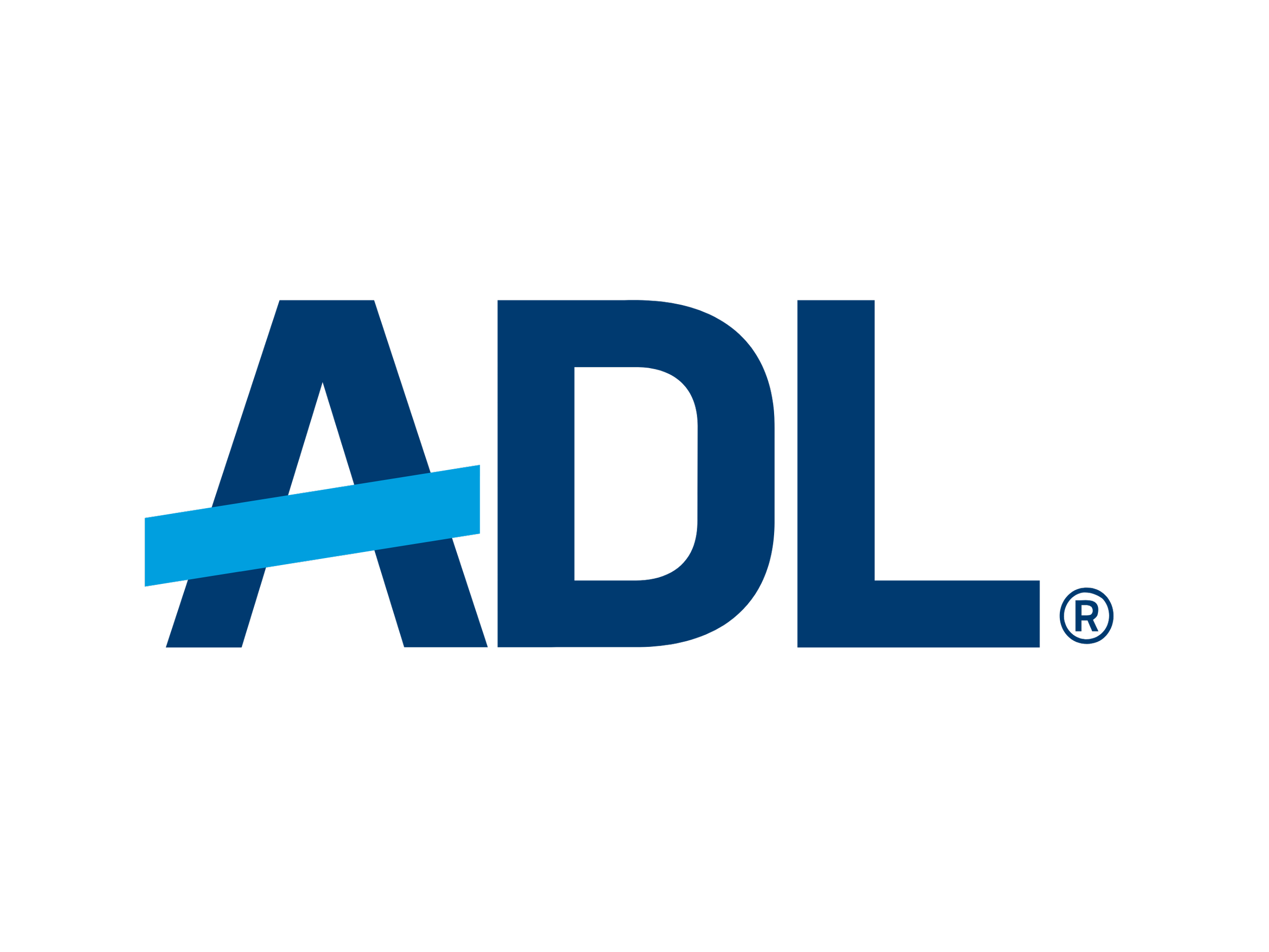 The logo of the American Dairy Laboratories (ADL), featuring the acronym 'ADL' in bold dark blue letters with a light blue diagonal stripe crossing the 'A'.