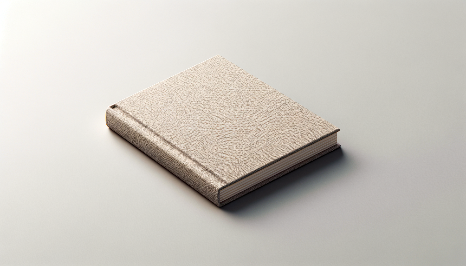 A closed, beige hardcover book resting on a plain, light gray surface.