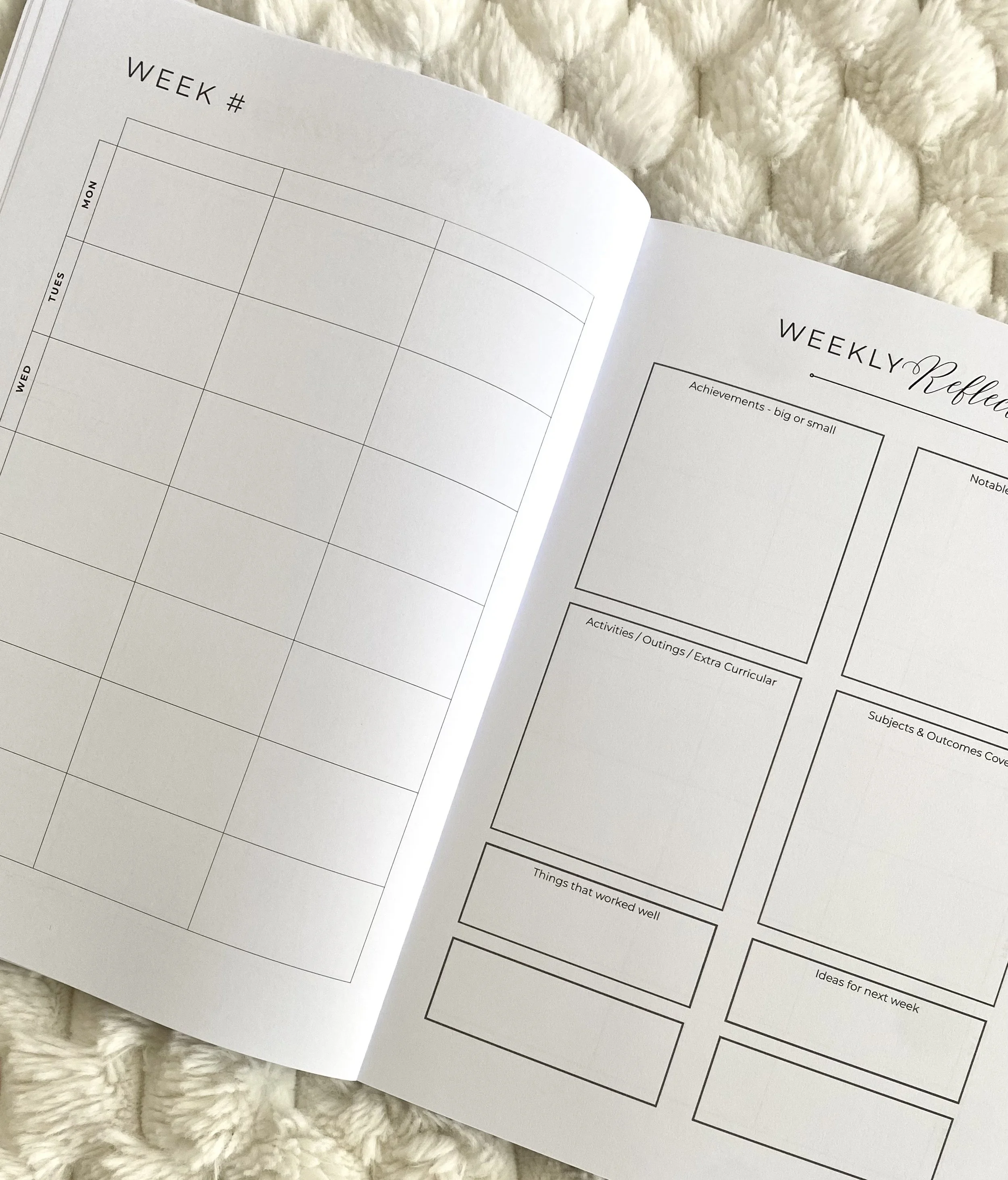 Open weekly planner or journal showing a two-page spread with left page for weekly schedule organized by days of the week, and right page for reflections and notes, placed on a soft, textured, cream-colored surface.