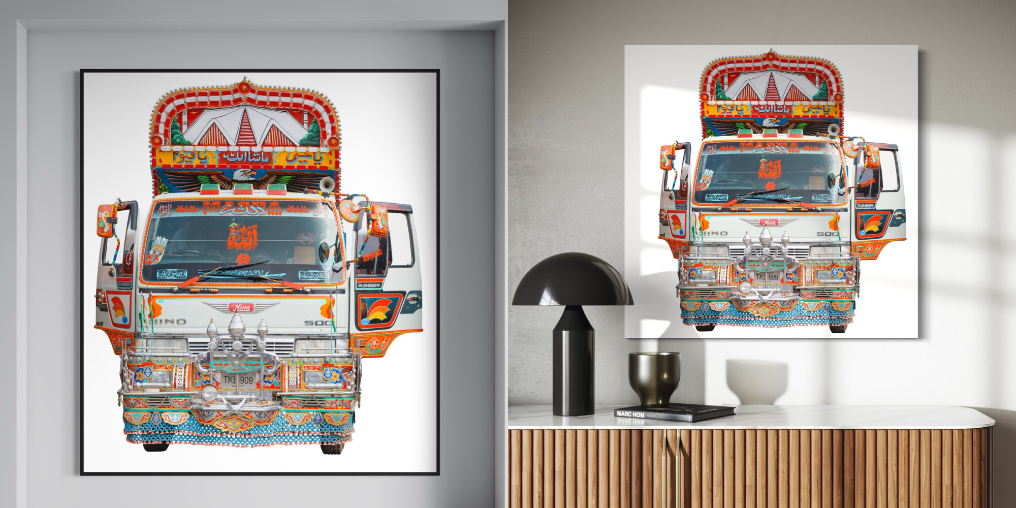 Bilder eines bunt verzierten Lastwagens mit traditioneller asiatischer Dekoration, auf einem weißen Hintergrund aufgehängt.