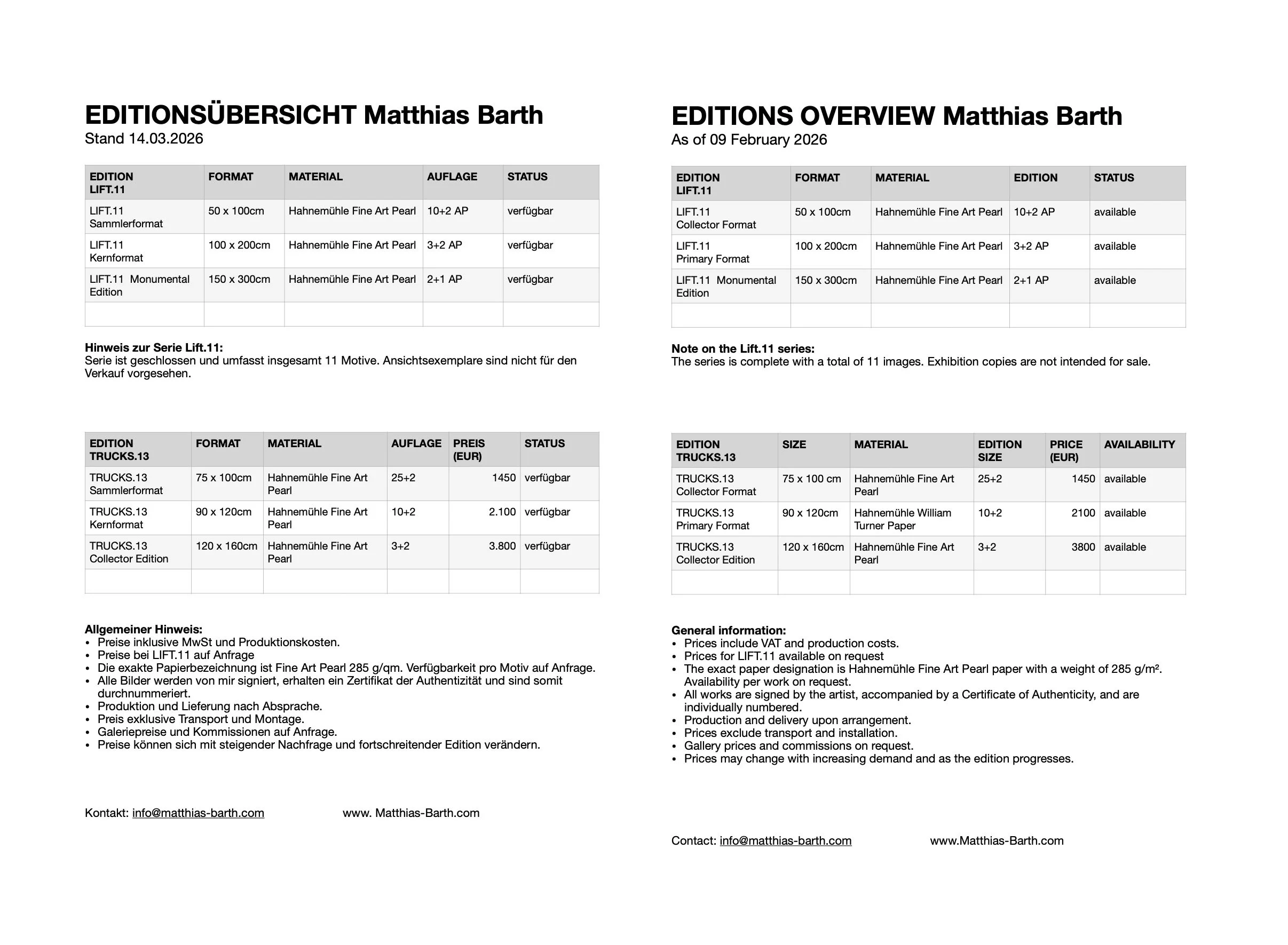 Bild eines gedruckten Preis- und Produktkatalogs für Matthias Barth, mit Tabellen in Deutsch und Englisch, listing verschiedene Formate, Materialien, Ausgaben, Preise und Verfügbarkeiten der Kunstwerke.