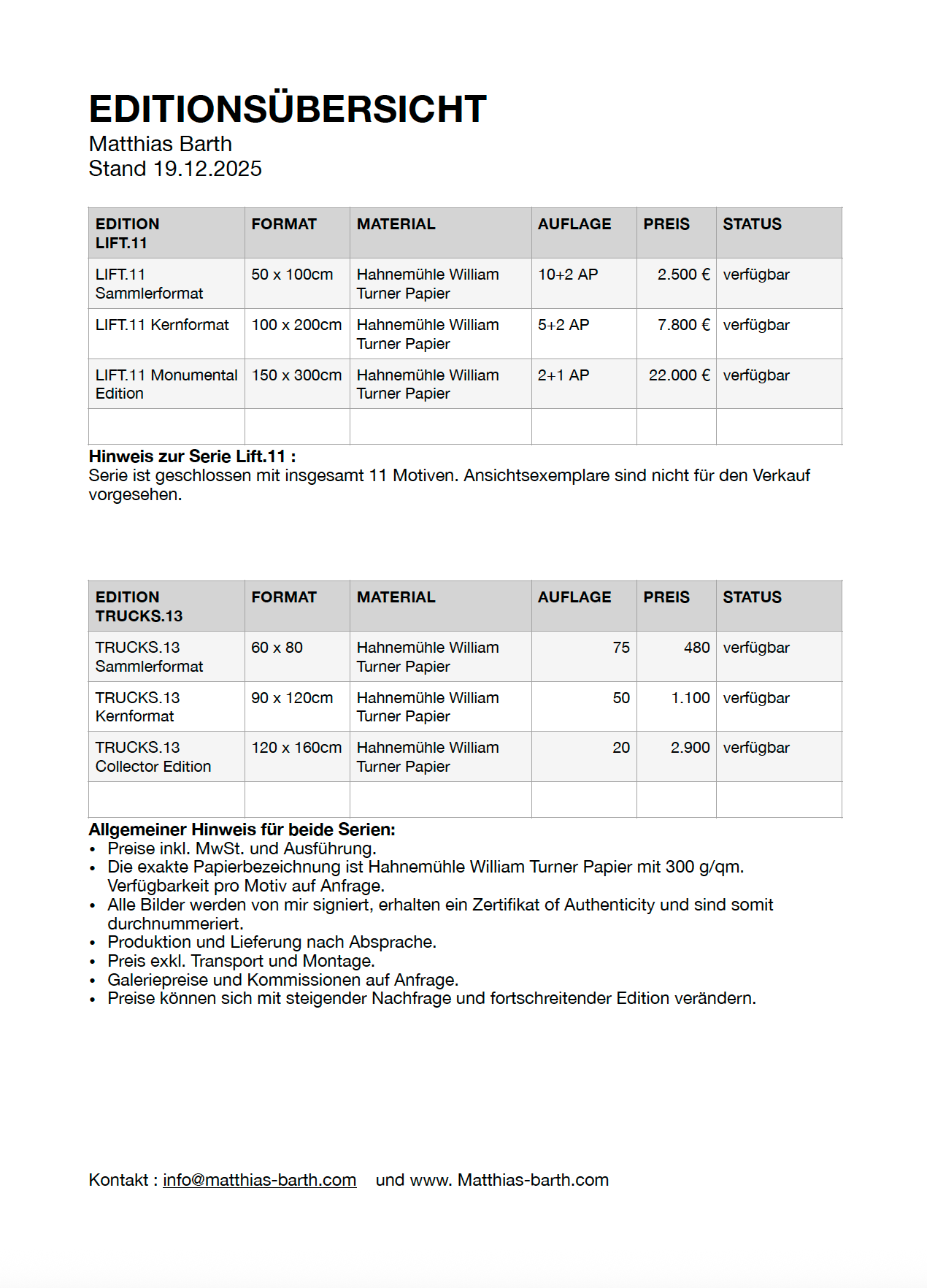 Übersichtsseite eines Preis- und Produktkatalogs für Buchserien, darunter "Lift.11" und "Trucks.13" von Matthias Barth, Stand 19.12.2025.