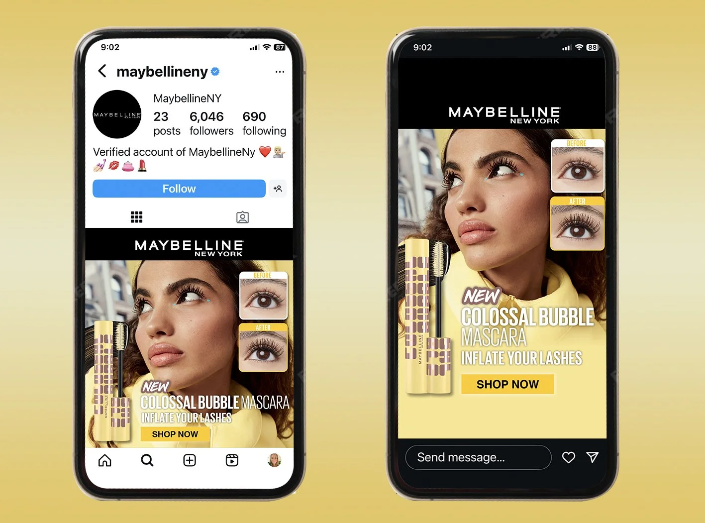 Smartphone screens displaying an Instagram ad for Maybelline New York's Colossal Bubble Mascara, showing a woman with long lashes before and after applying the mascara, with a yellow background.
