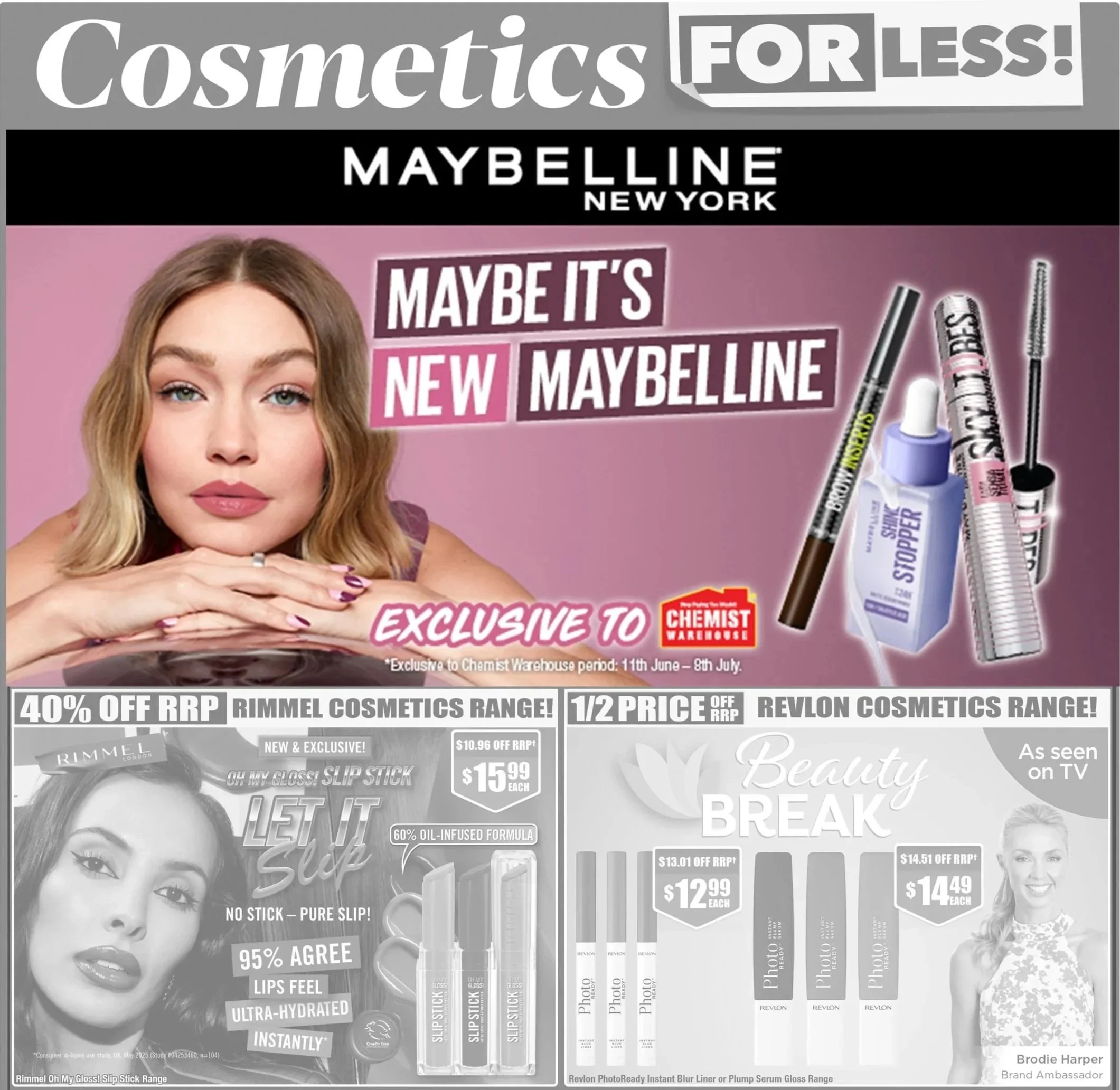 Advertisement for Maybelline cosmetics and Revlon makeup products. The ad features a woman with blonde hair and makeup. The text highlights discounts, new product ranges, and product features, including lip gloss and instant blur liner. The background is pink with various makeup items displayed.