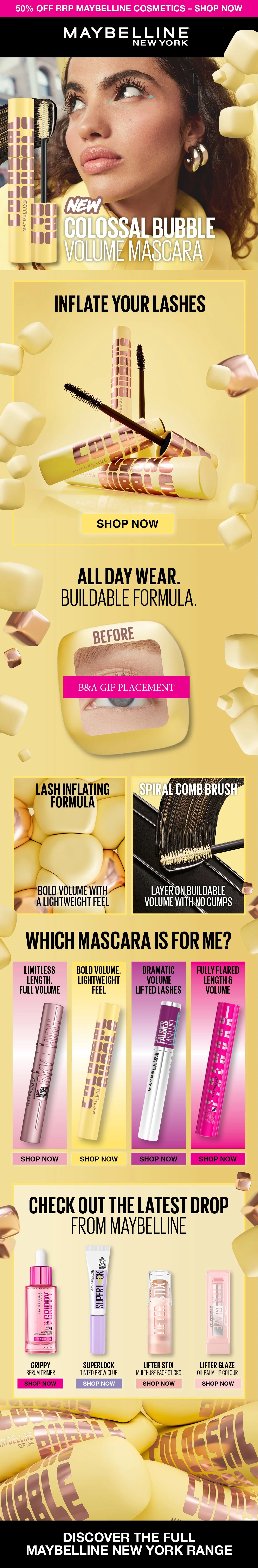 An advertisement for Maybelline New York showcasing their Colossal Bubble Volume Mascara and other mascara products, with a model applying mascara and various mascara tools and swatches displayed.
