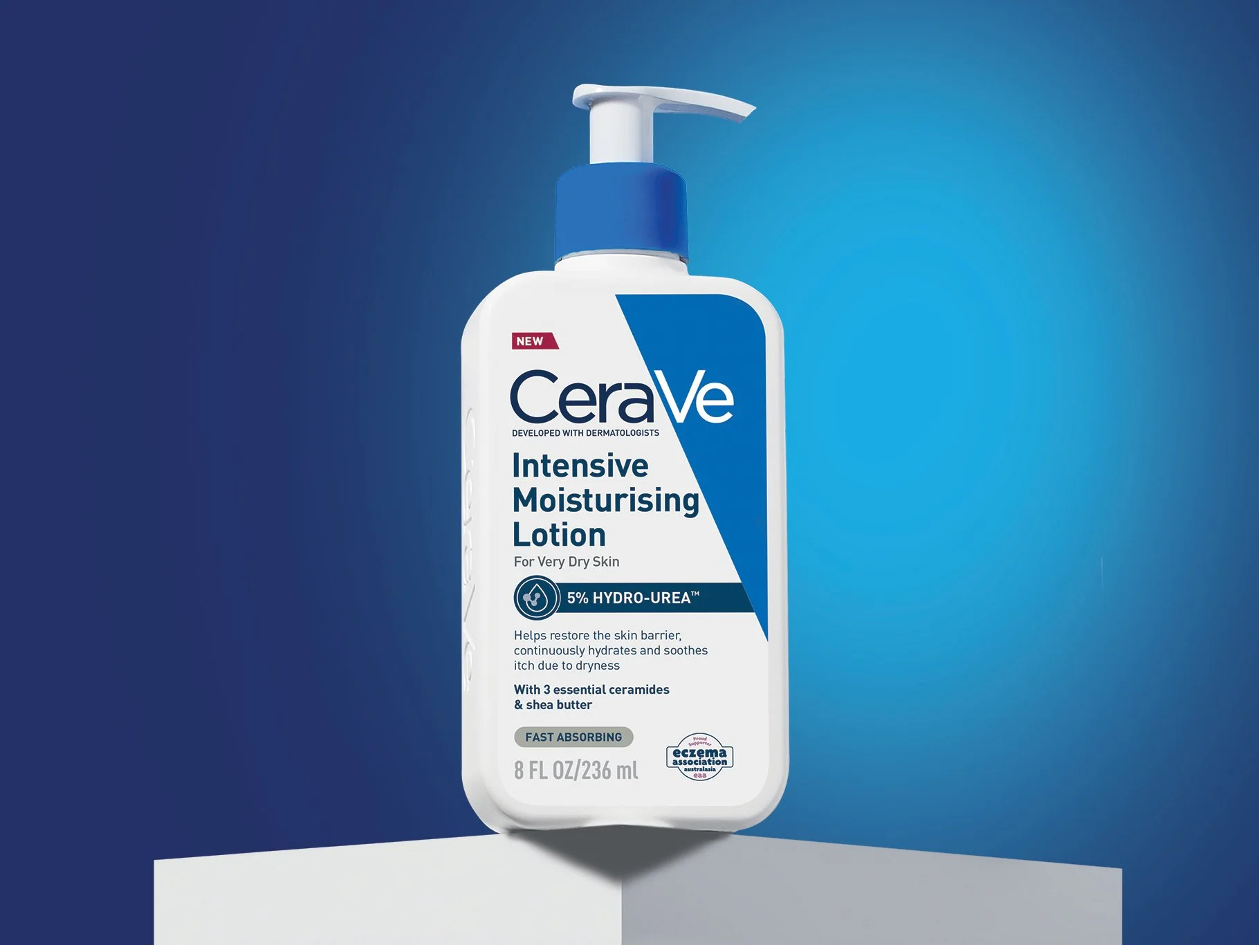 A bottle of CeraVe Intensive Moisturising Lotion with a pump dispenser against a blue background.