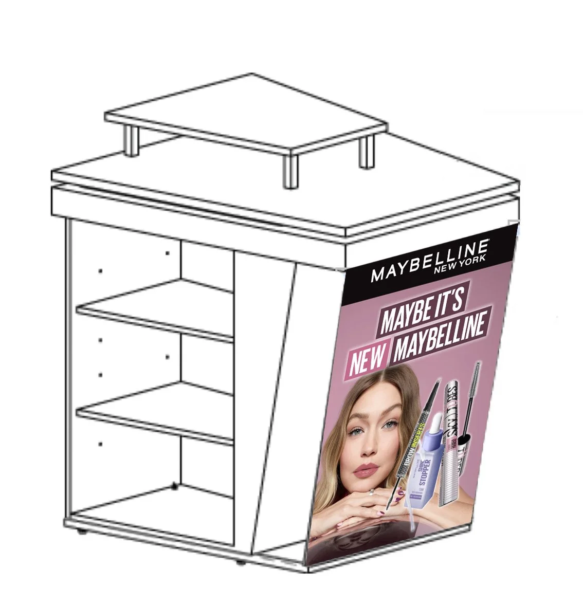 Empty display shelf with a Maybelline New York advertisement for a new makeup product featuring a woman with long hair and makeup brushes.