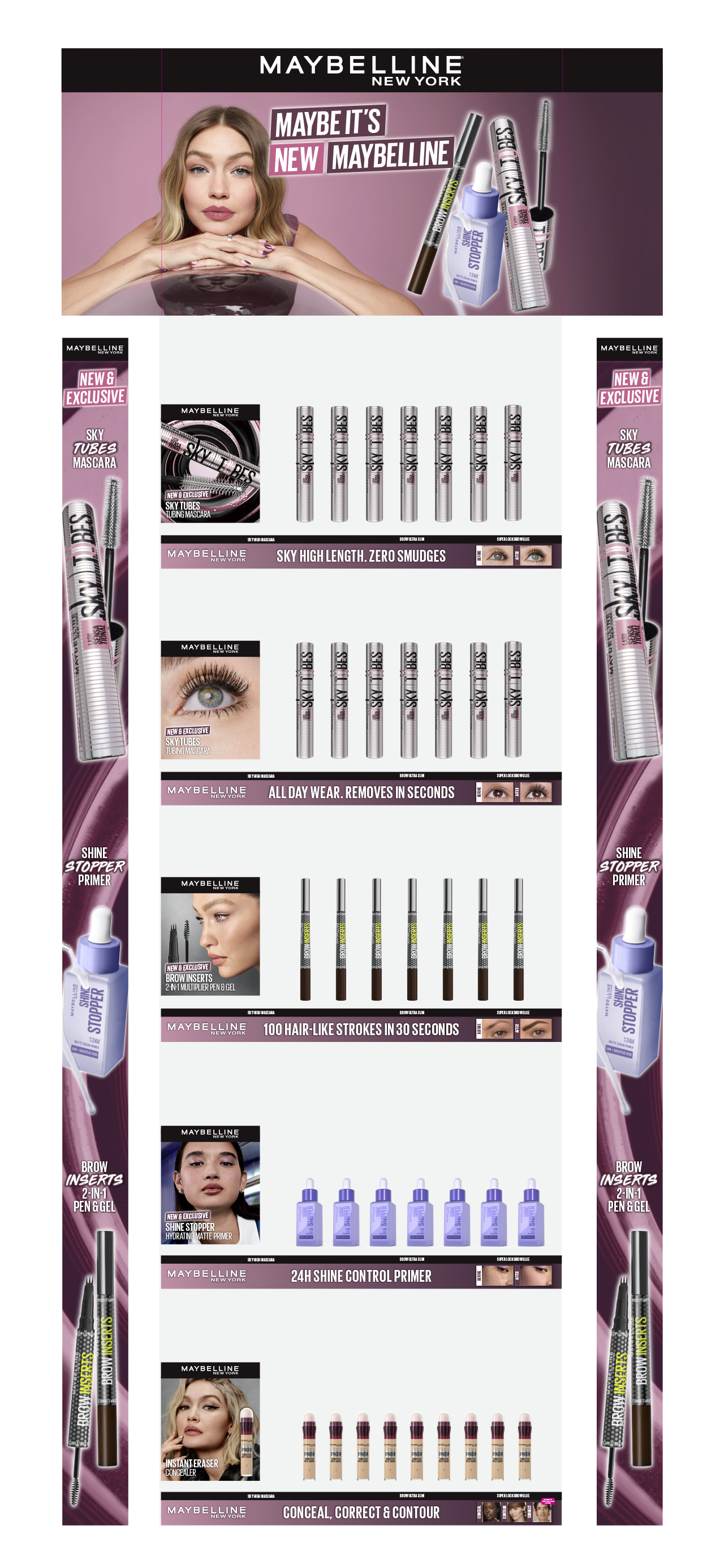 Maybelline New York makeup display featuring mascaras, primers, brow inserts, highlighters, concealers, and other makeup products in a pink and black themed layout.
