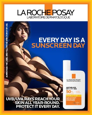 Advertisement for La Roche-Posay sunscreen featuring a woman sitting with striped shadows across her face and body. The ad emphasizes the importance of daily sunscreen use with claims about UVB/UVA rays and SPF 50+.