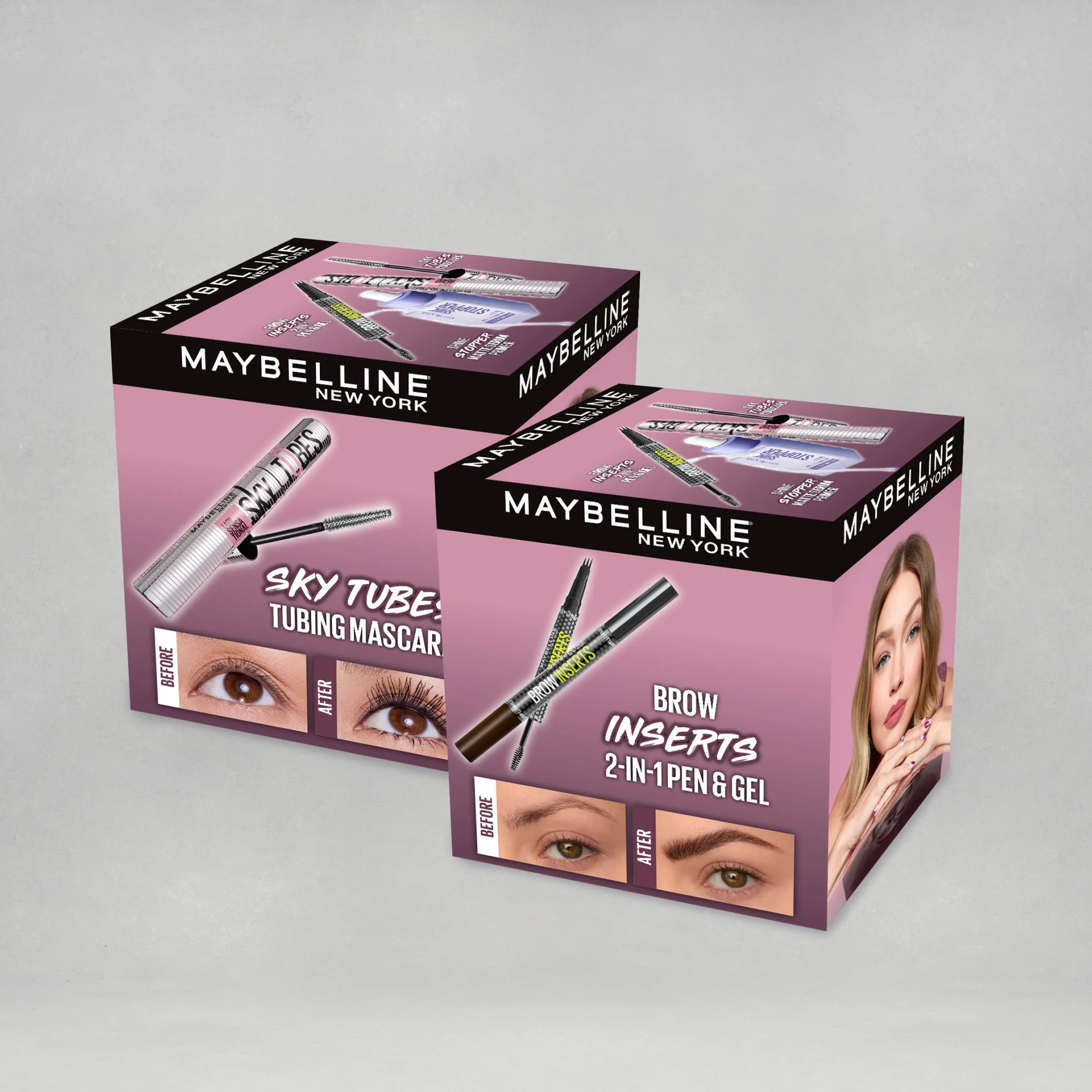 Pink Maybelline New York Sky Tube Tubing Mascara box with an application illustration, an eye before and after mascara, and a woman with long hair.