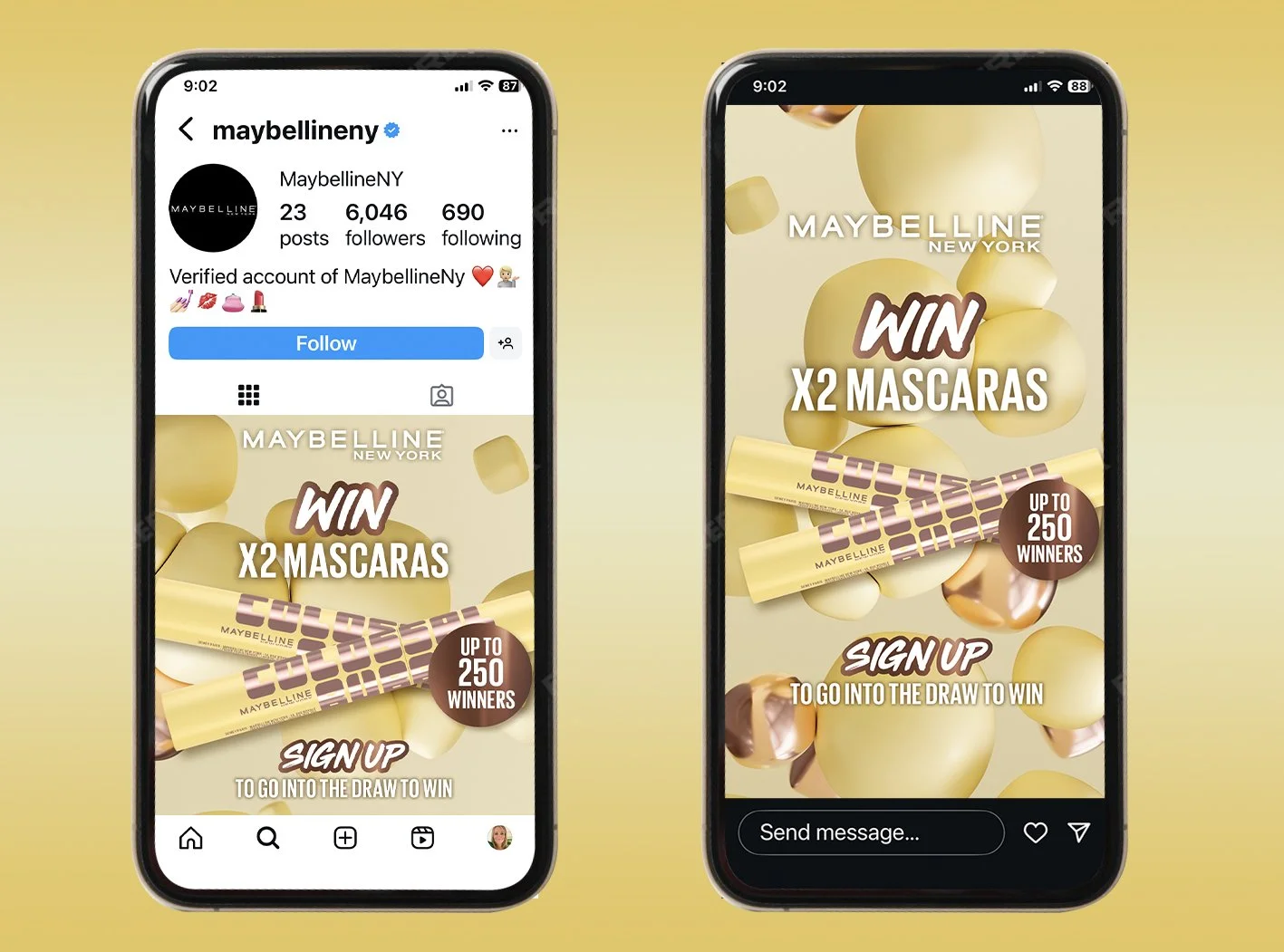 Instagram contest announcement for MaybellineNY, featuring yellow and brown makeup products, promotional text offering a chance to win two mascaras, with up to 250 winners, urging users to sign up to enter the draw.