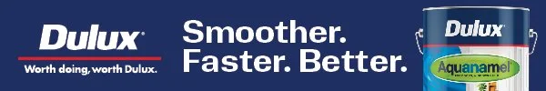 Dulux paint advertisement with the slogan 'Smoother. Faster. Better.' and a paint can labeled Aquanamel.