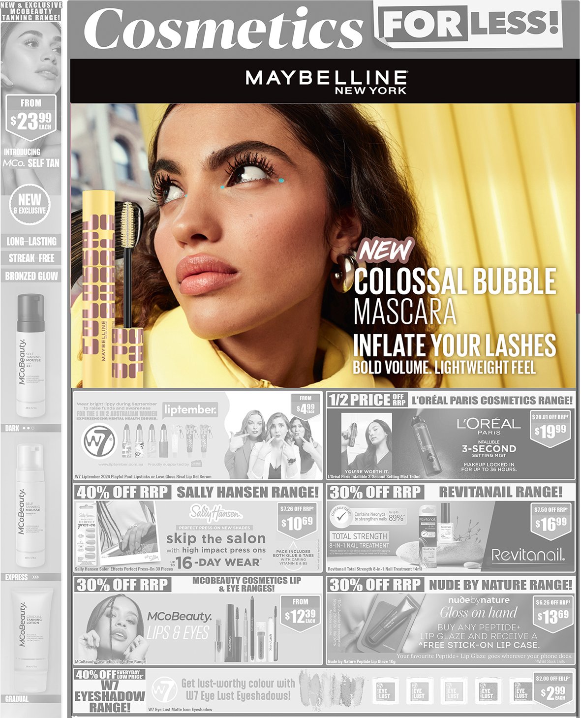 Magazine advertisement for Maybelline cosmetics featuring a woman with makeup, promoting new mascara with a yellow tube, and various cosmetic products with discounts and offers.