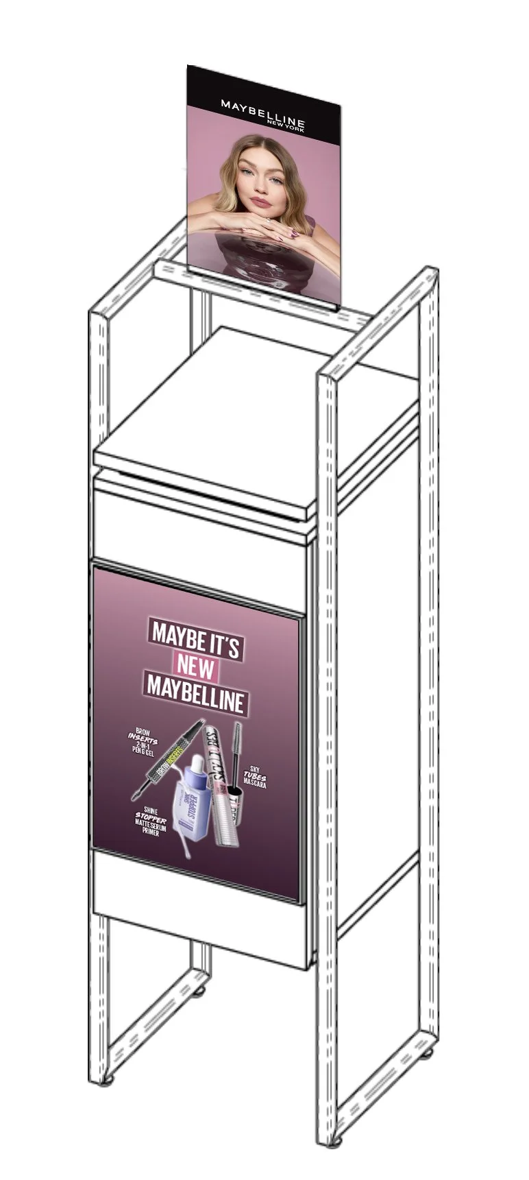 A digital illustration of a retail display stand for Maybelline New York makeup products, with a poster of a woman above and a promotional banner below.