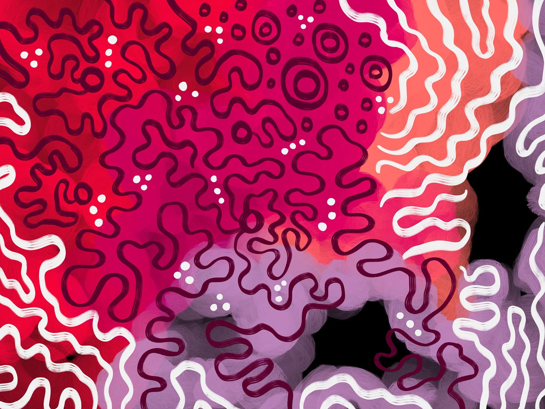 Abstract digital artwork featuring wavy and irregular lines in white, dark purple, and black over a vibrant, colorful background with shades of red, pink, purple, and orange.