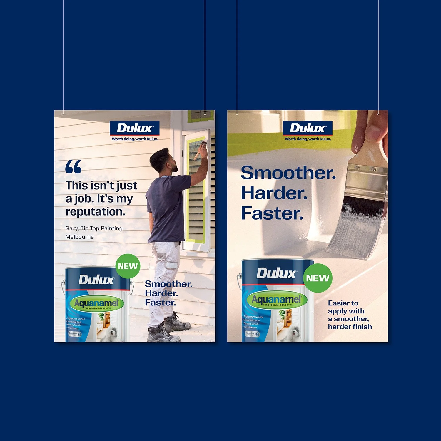 Two Dulux paint ads, one with a man painting a house exterior with a quote about reputation, and the other with a paintbrush applying white paint, emphasizing smoother, harder, faster application with Dulux Aquanamel paint.