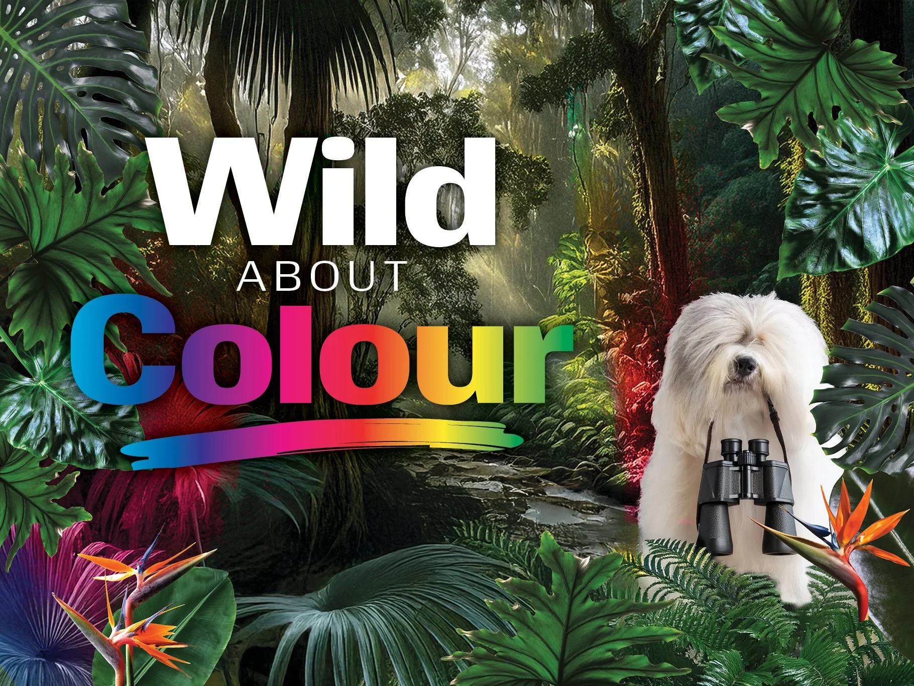 A lush rainforest scene with large green tropical leaves, a sunlit canopy, the Dulux white d looking through binoculars, and a pair of binoculars resting on the ground, with vibrant flowers and text that reads 'Wild About Colour' in colorful letters.