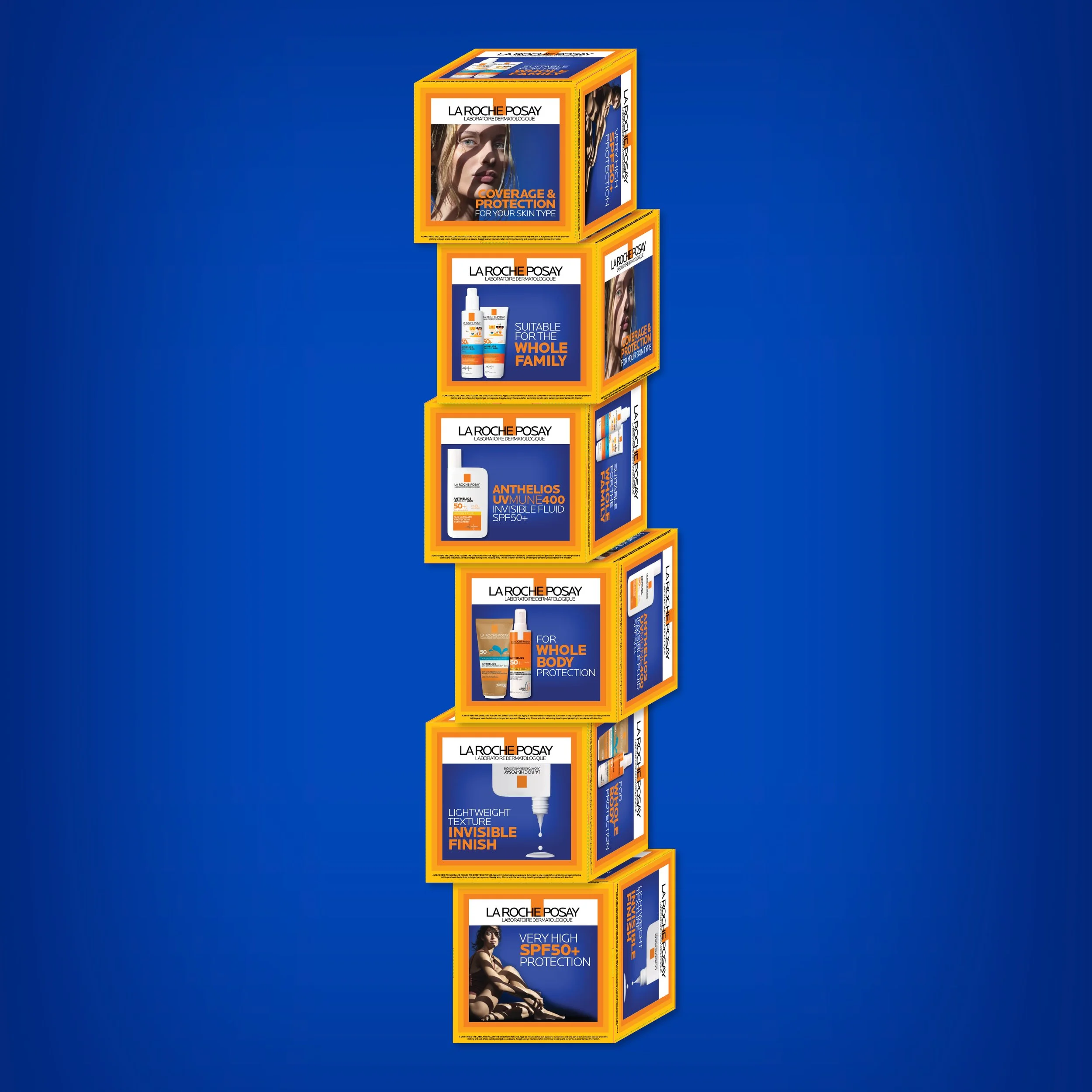 Series of skincare product boxes from La Roche-Posay, including sunscreen and moisturizer, stacked vertically against a blue background.