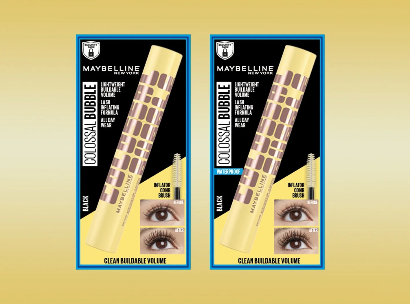 Two identical Maybelline New York Colossal Big Shot waterproof mascara packages with a black and yellow design, featuring an image of the mascara wand, and before and after photos of eye eyelashes.