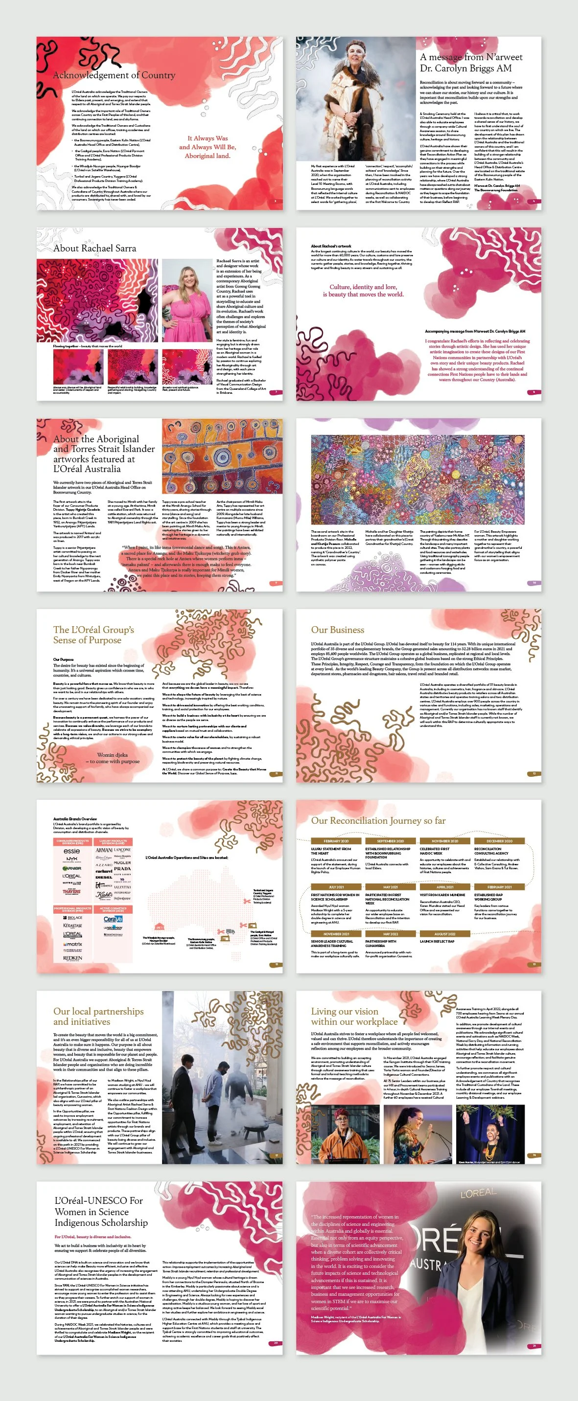 A multi-page brochure featuring artwork, Indigenous themes, and information about Aboriginal culture, art, and partnerships in Australia.