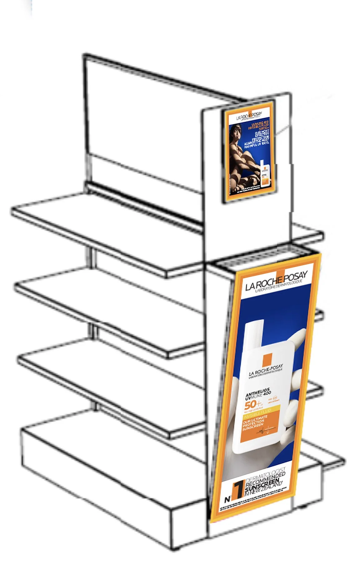 Outline of a retail display rack with empty shelves and colorful advertising panels for La Roche-Posay skincare products.