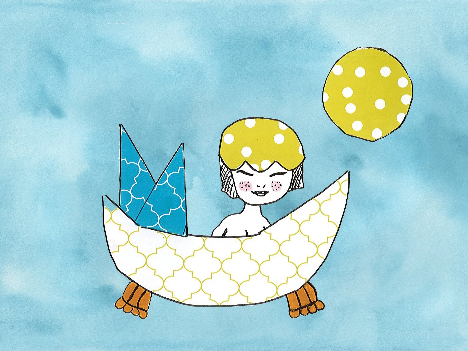 A whimsical illustration of a human figure with a yellow polka-dotted hat, emerging from a vessel decorated with yellow quatrefoil patterns, with a blue sky background.