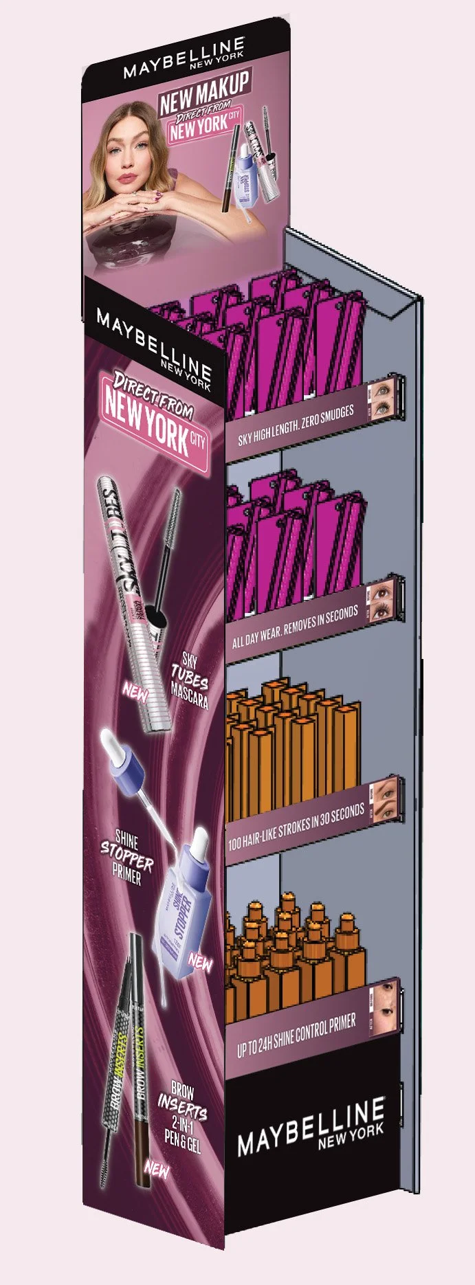 A Maybelline New York display shelf featuring makeup products, including mascara, primer, brow inserts, and various eye makeup items, with promotional labels highlighting features like long-lasting wear and quick removal.