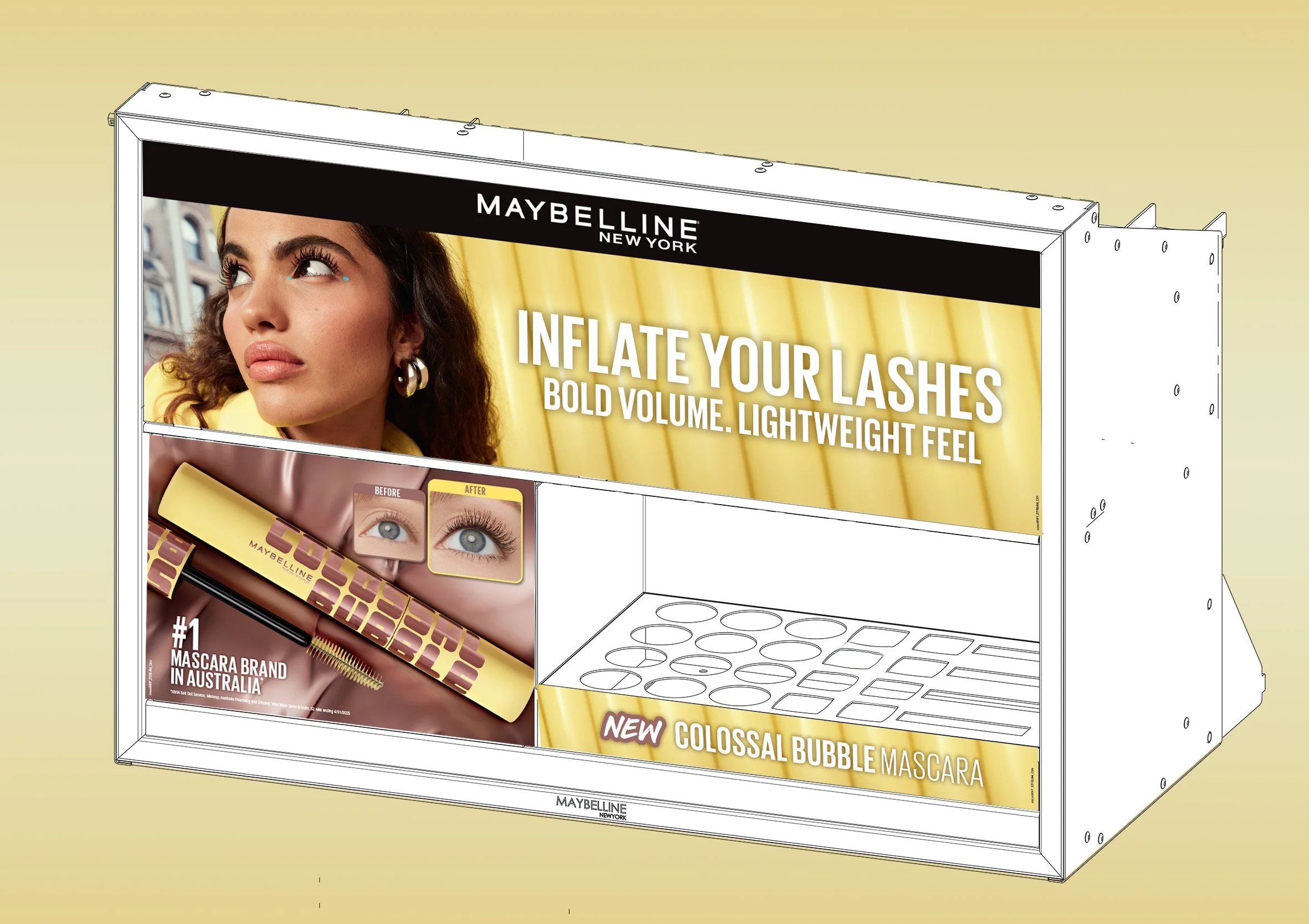 A promotional display for Maybelline New York mascara featuring a woman looking upward with makeup around her eyes, a tube of mascara, and various eye makeup before and after images. The display highlights bold eyelashes and lightweight feel mascara, with sections for different shades.