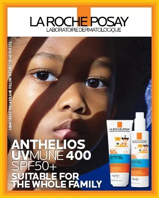 Close-up of a child's face with sunlight, promoting La Roche-Posay Anthelios UV My Sun SPF 50+ sunscreen products, suitable for the entire family.