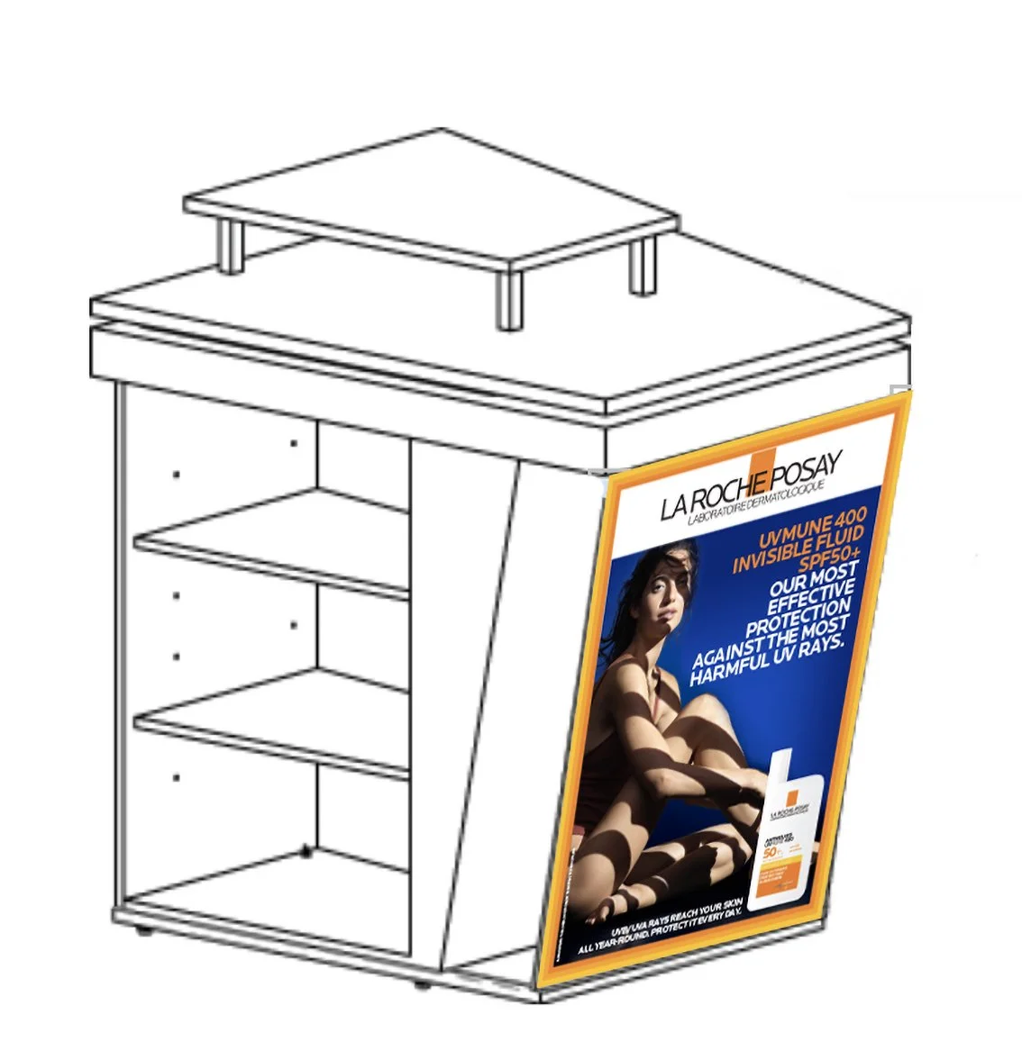 Line drawing of a display stand with shelves and a large colorful advertisement poster on the front for La Roche Posay UV immunity 400 invisible fluid sunscreen SPF 50+. The poster features a woman sitting in sunlight.