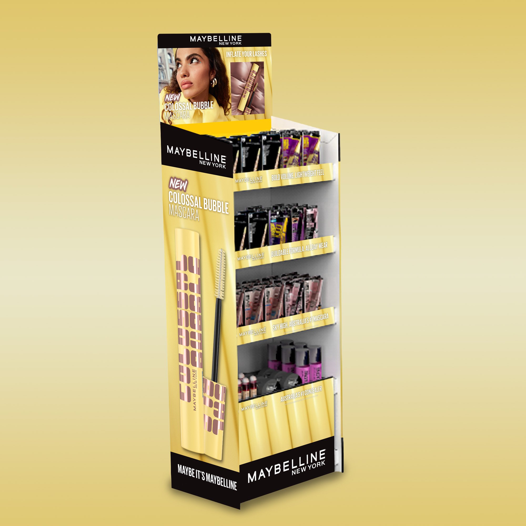 Display stand for Maybelline mascara with promotional images of a woman and text about product features and campaigns.