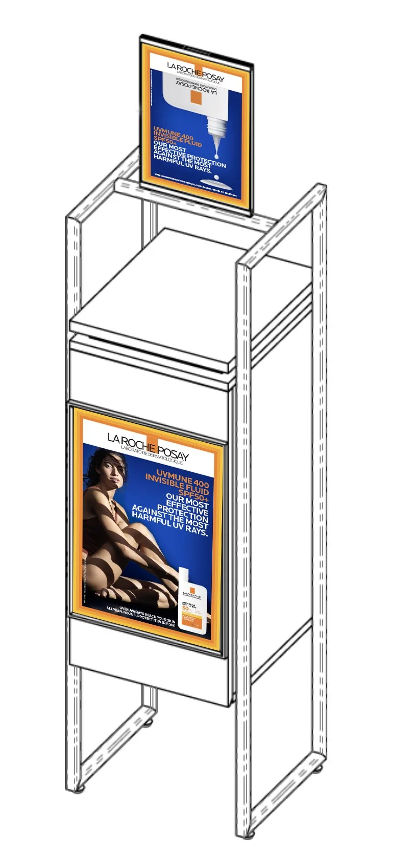 A display stand with two posters advertising La Roche-Posay UV protection products. The top poster is partially visible, showing a bottle and information about UV protection. The bottom poster features a woman with a backdrop of shadows from window blinds, promoting UV protection with an emphasis on SPF 50+.