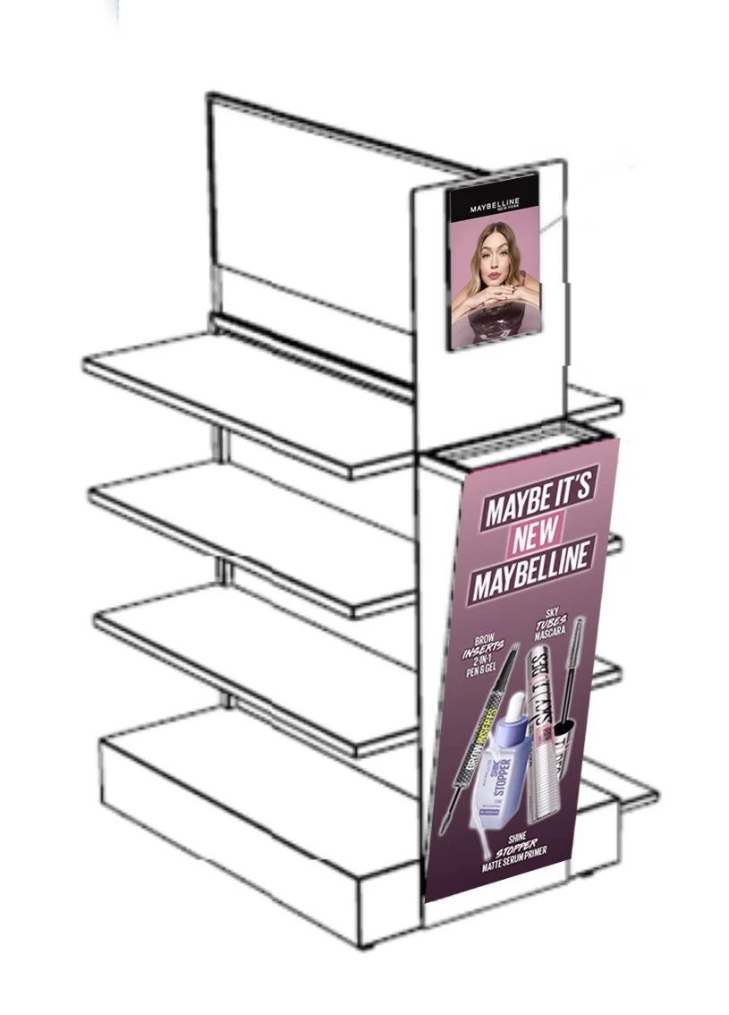 Empty retail display stand with a Maybelline makeup advertisement attached, featuring a woman and various makeup products.