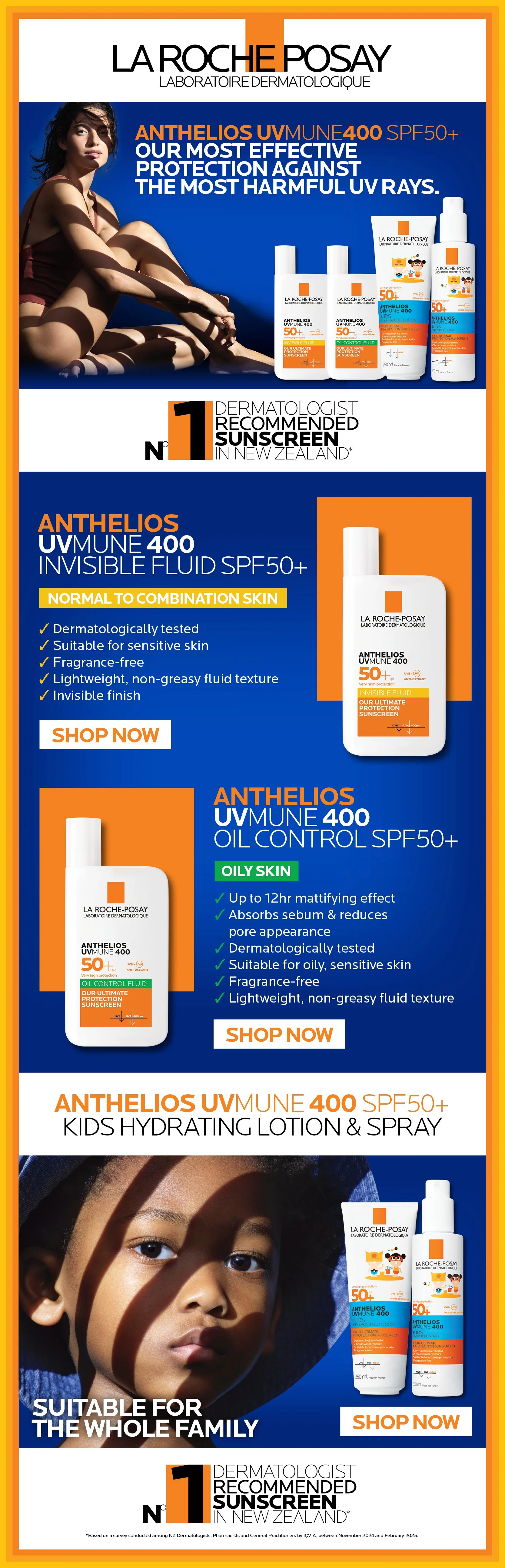 A promotional advertisement for La Roche-Posay Anthelios UVMune 400 sunscreens, featuring three different types of sunscreen products for various skin types, including an invisible fluid, oil control, and a kids' hydrating lotion and spray. The ad highlights the effectiveness, suitability for sensitive skin, and dermatologist recommendation, with images of a woman with tan skin and dark hair, and a young girl with dark skin and curly hair, both enjoying the sun.