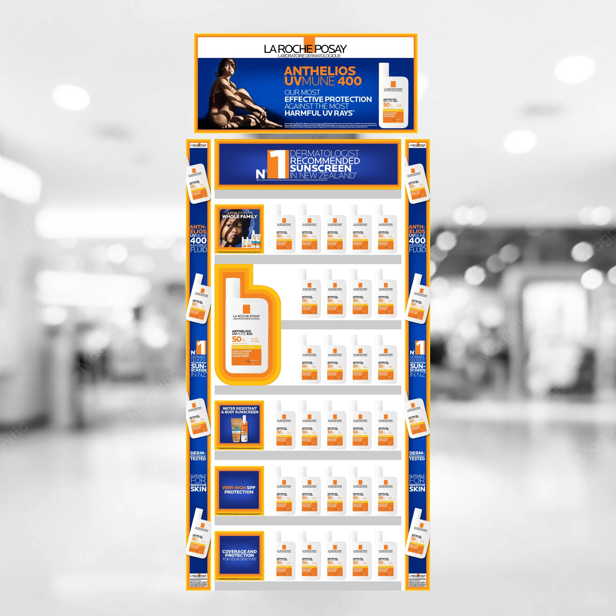 Store display for La Roche-Posay sunscreen products, featuring a large poster of a woman sitting in sunlight with shadows cast by blinds, and several smaller product boxes arranged below.