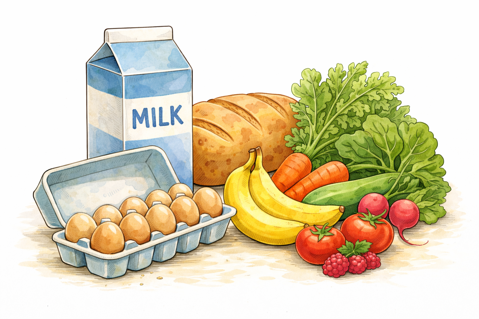 Carton of milk, loaf of bread, eggs, bananas, carrots, radishes, tomatoes, raspberries, and leafy greens on a white background.
