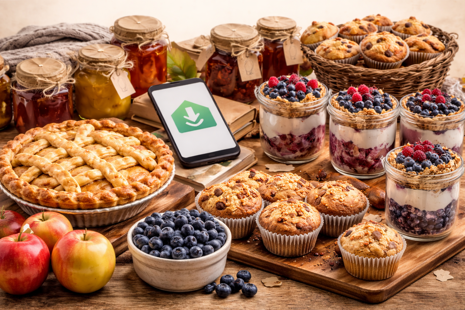 A picture of pies, blueberries and parfaits along with a phone showing digital downloads