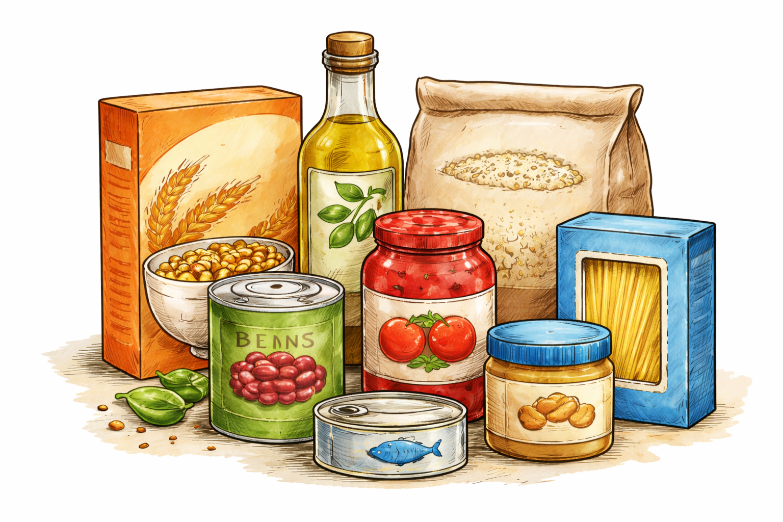 Various canned and packaged food items, including a bottle of olive oil, jar of tomato sauce, cans of beans and fish, packets of rice and pasta, and containers of nuts and grains.