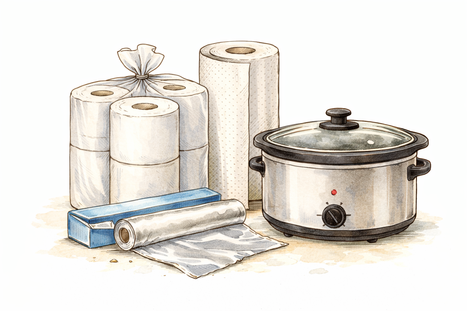 A digital illustration of paper towels, a paper towel roll, a plastic food storage bag, and a slow cooker.